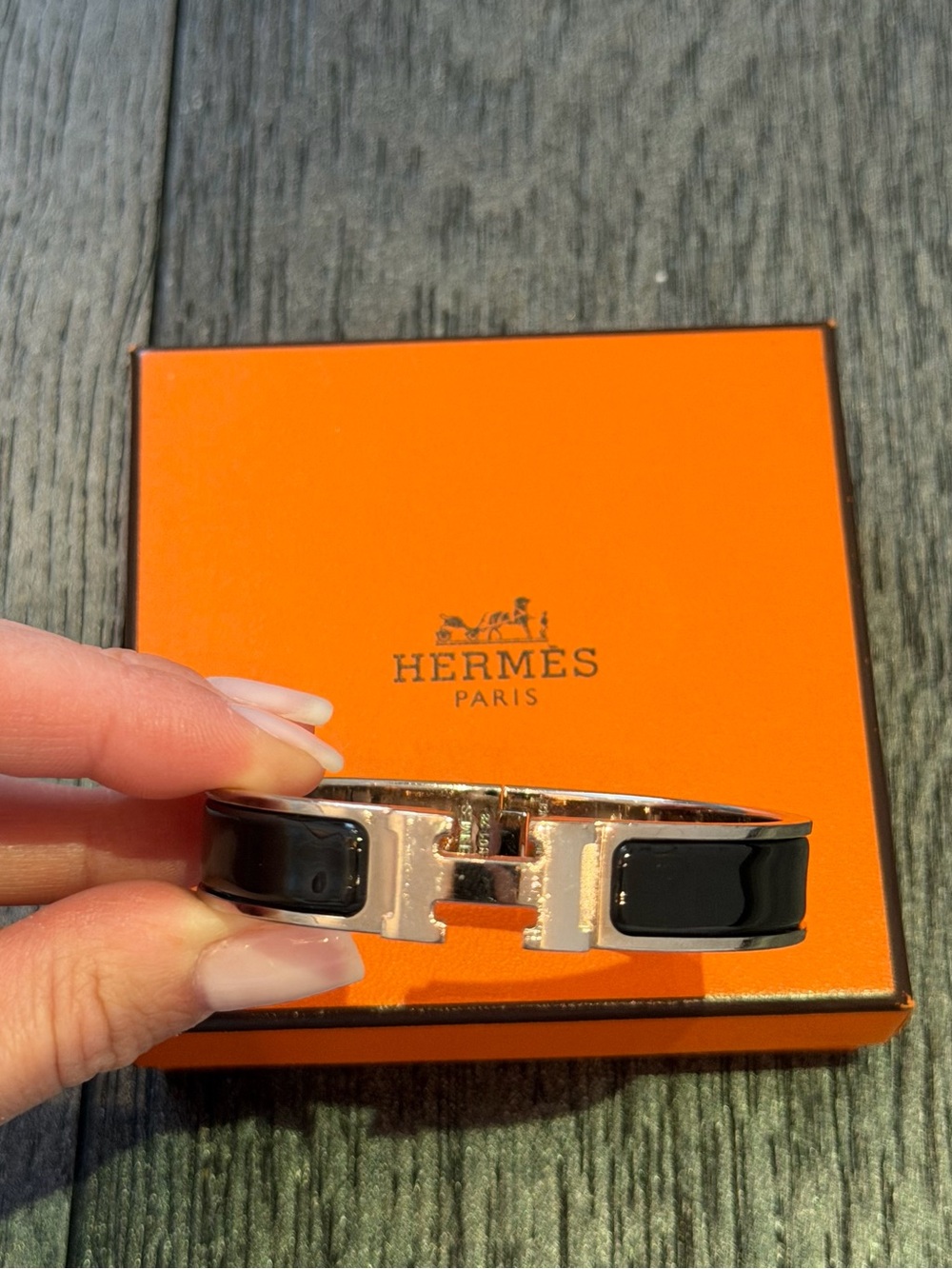 Hermes Black Enamel Clic H Bracelet with Silver Hardware